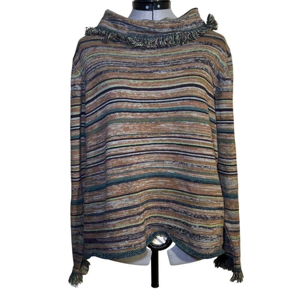 J. Jill laggen fringe stripped cotton/wool blend sweater with cowl neck